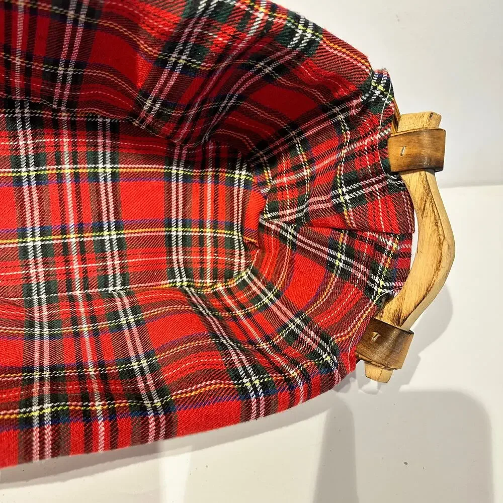 Large Oblong Red Plaid Fabric Lined Basket Gift Basket 22x8.5x7.5 Wooden Handles